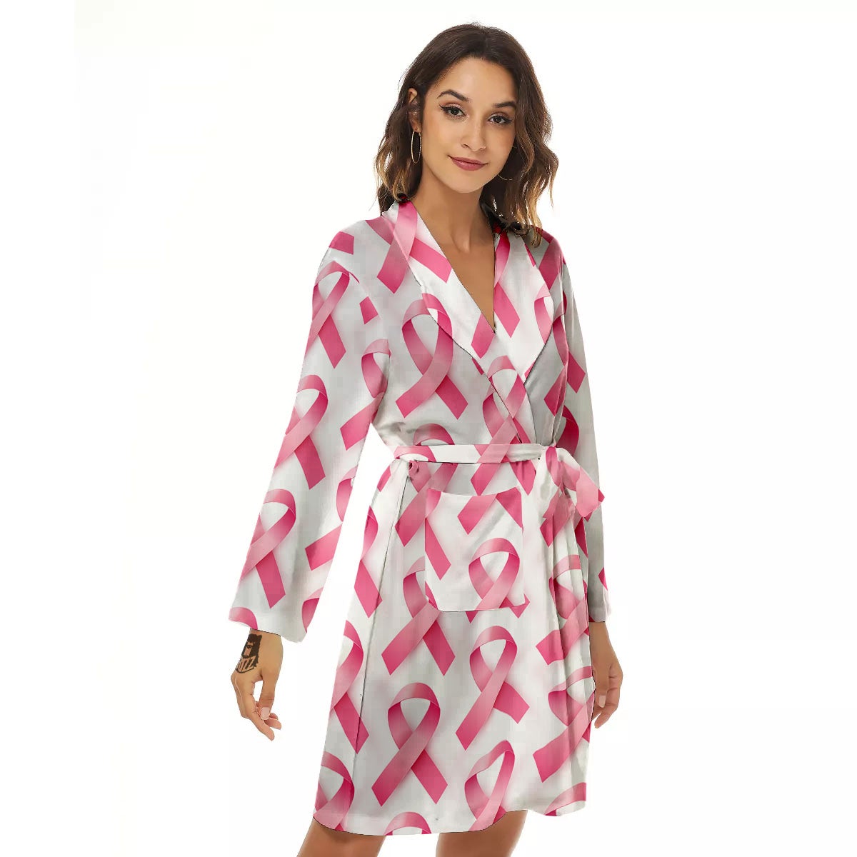 Breast Cancer Pink Ribbon Print Pattern Women's Robe-grizzshop