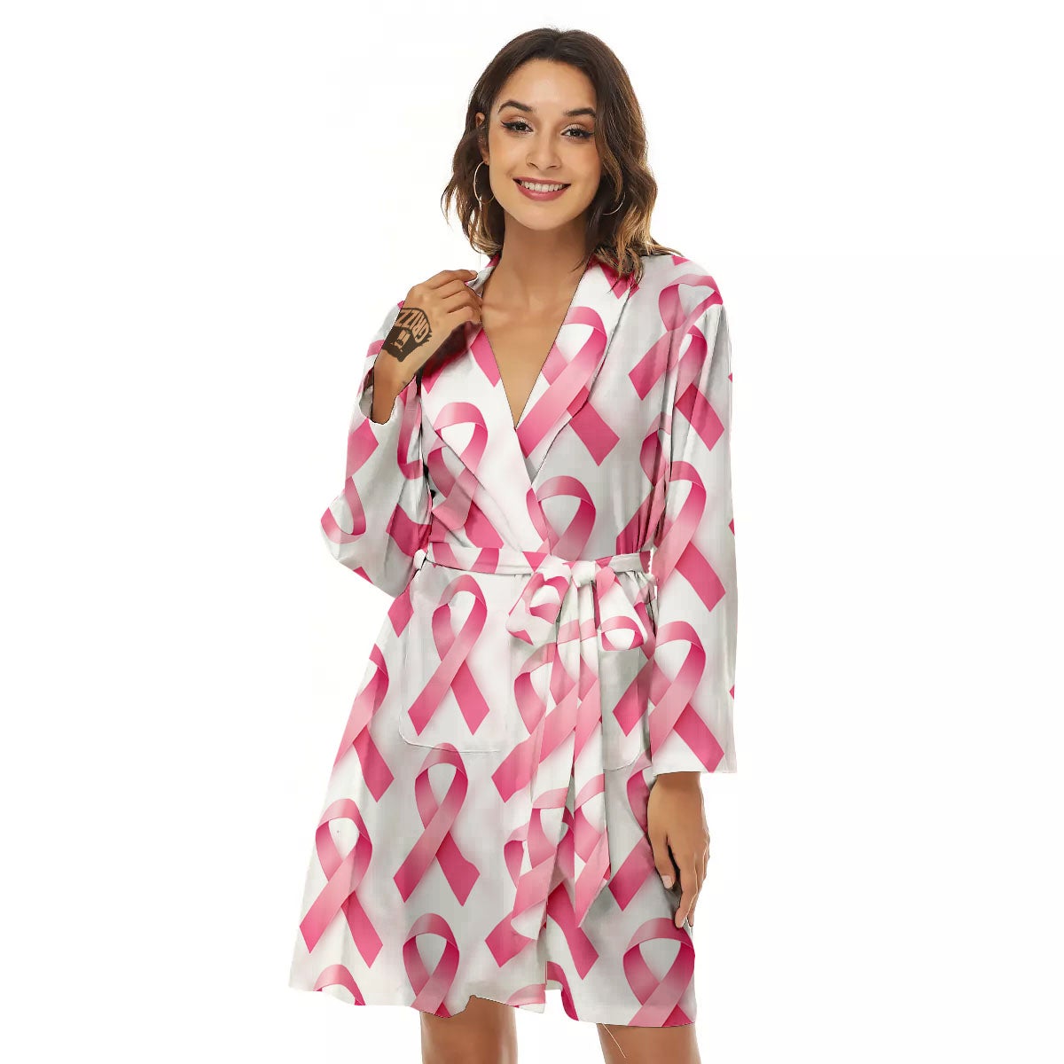 Breast Cancer Pink Ribbon Print Pattern Women's Robe-grizzshop