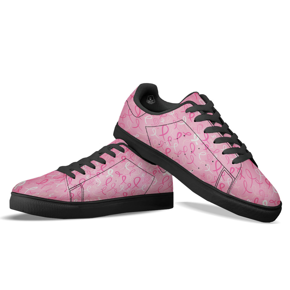 Breast Cancer Ribbon Pink Print Pattern Black Low Top Sneakers-grizzshop