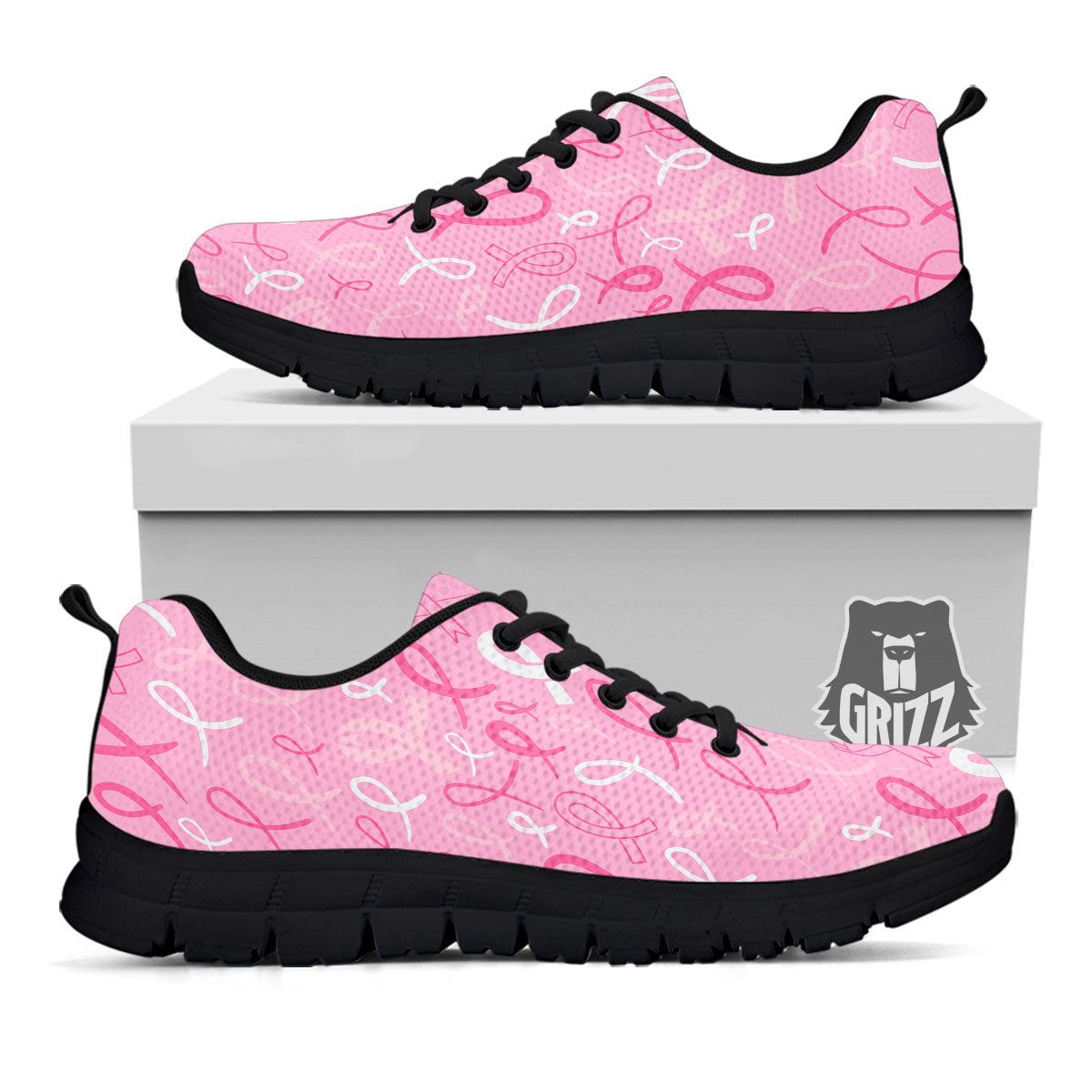 Breast Cancer Ribbon Pink Print Pattern Black Sneaker-grizzshop