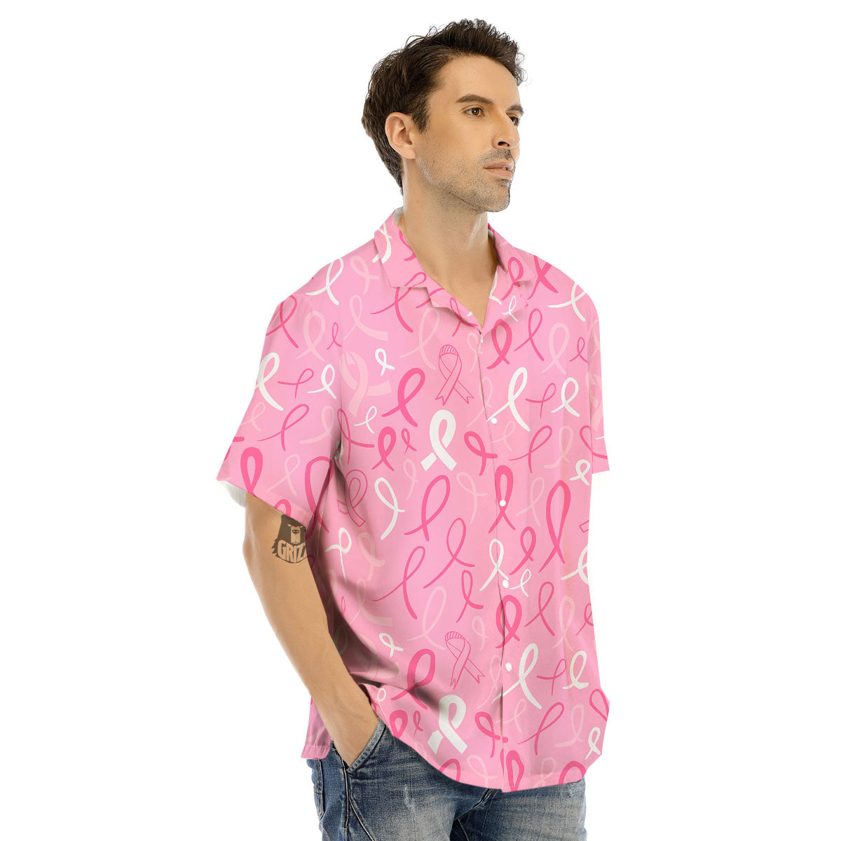 Breast Cancer Ribbon Pink Print Pattern Men's Hawaiian Shirt-grizzshop