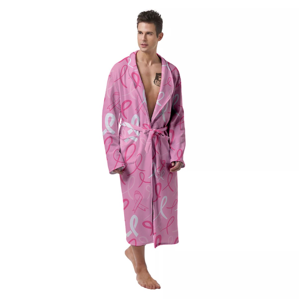 Breast Cancer Ribbon Pink Print Pattern Men's Robe-grizzshop