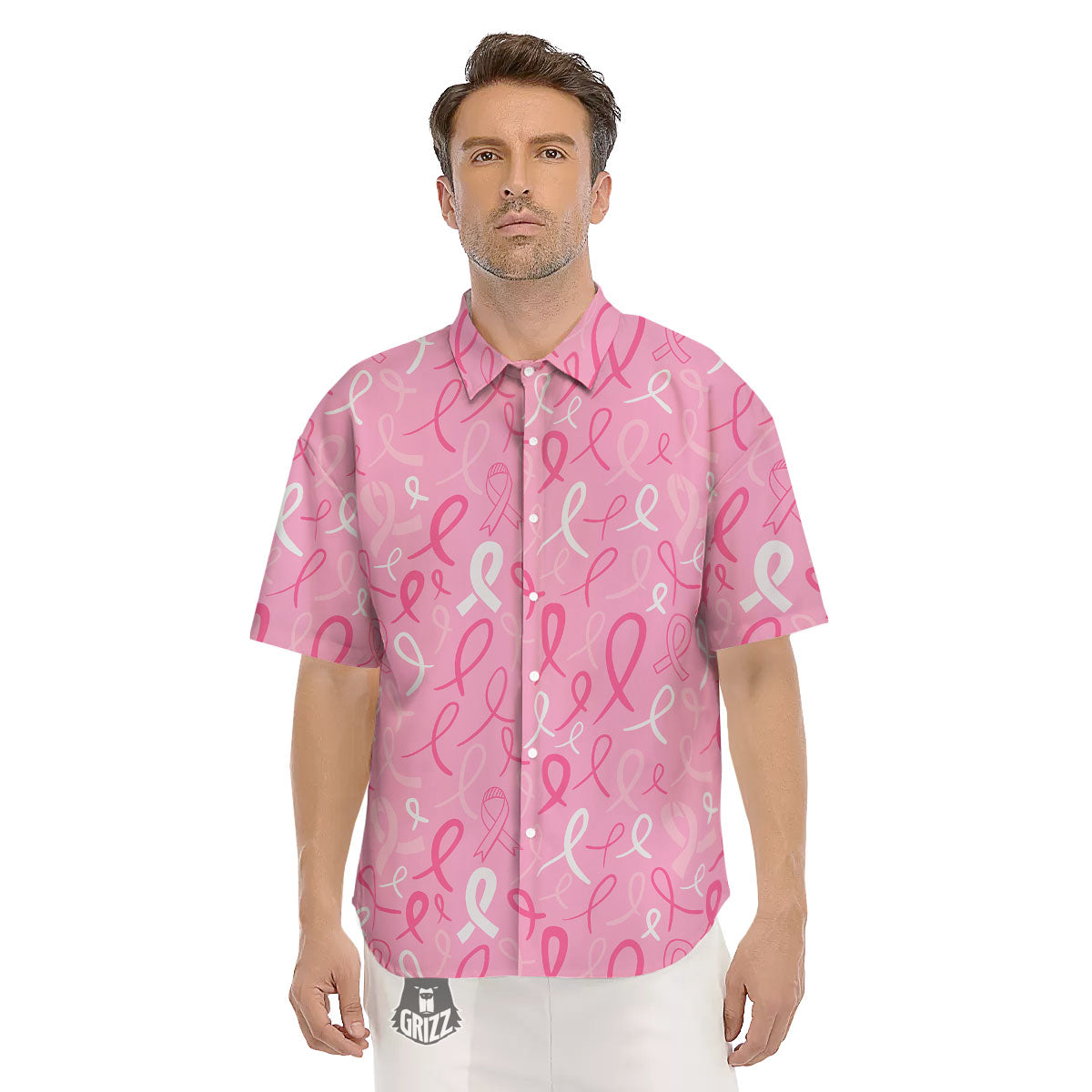 Breast Cancer Ribbon Pink Print Pattern Men's Short Sleeve Shirts-grizzshop