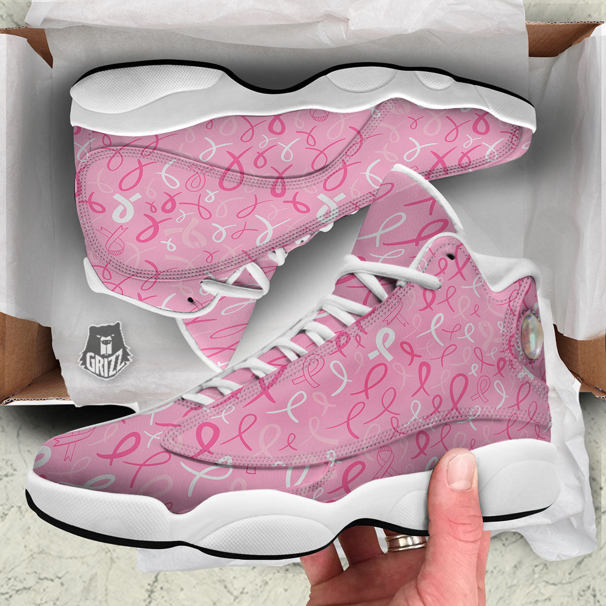 Breast Cancer Ribbon Pink Print Pattern White Basketball Shoes-grizzshop