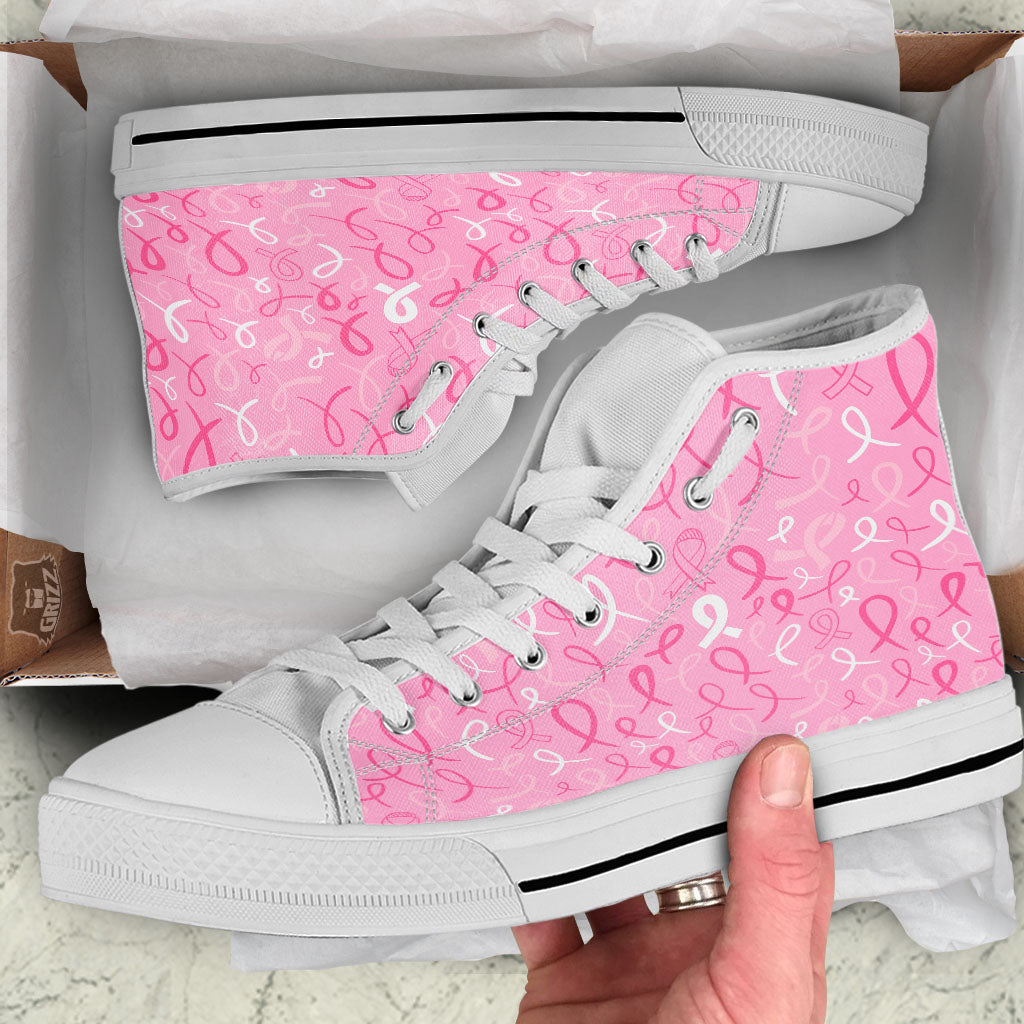 Breast Cancer Ribbon Pink Print Pattern White High Top Shoes-grizzshop