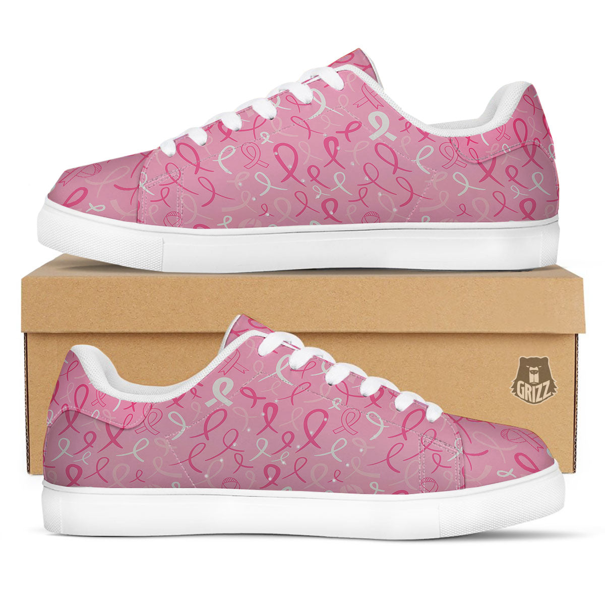 Breast Cancer Ribbon Pink Print Pattern White Low Top Sneakers-grizzshop