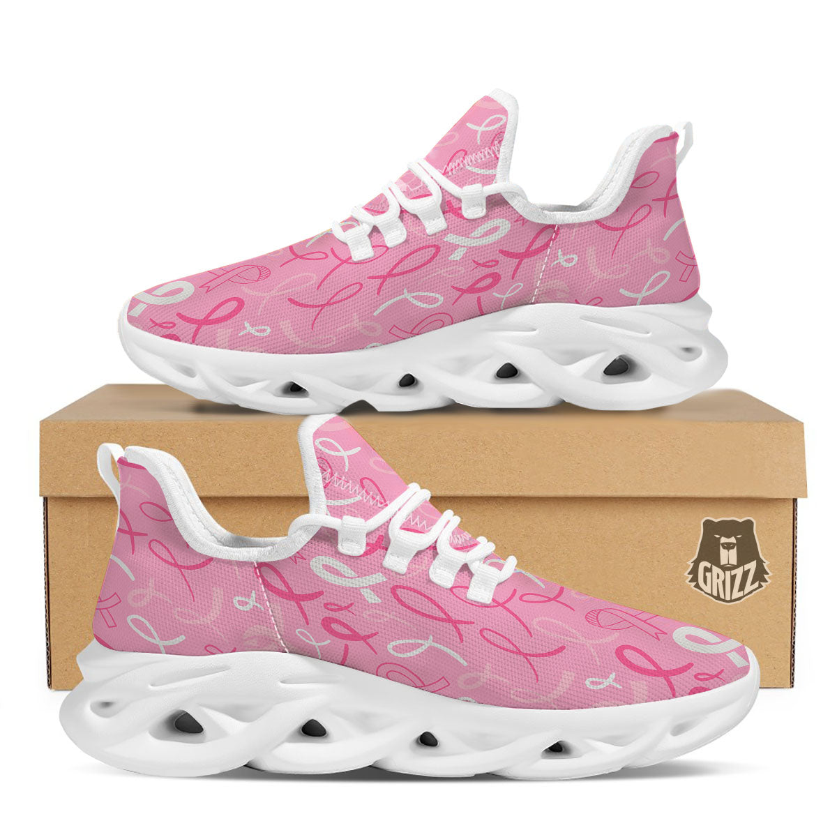 Breast Cancer Ribbon Pink Print Pattern White Running Shoes-grizzshop
