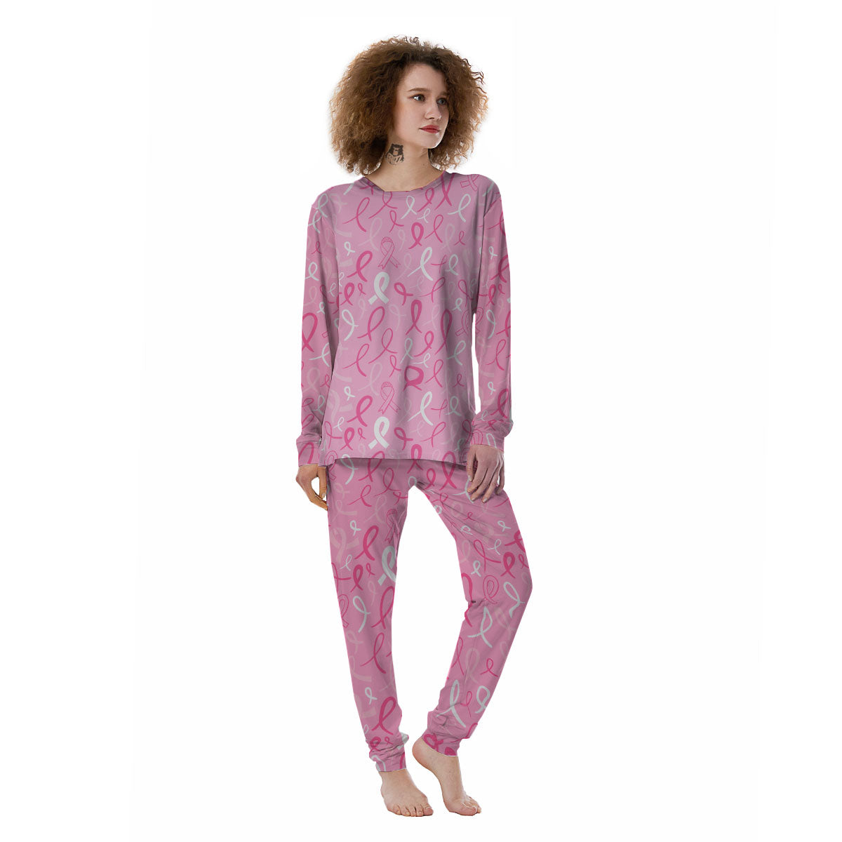 Breast Cancer Ribbon Pink Print Pattern Women's Pajamas-grizzshop