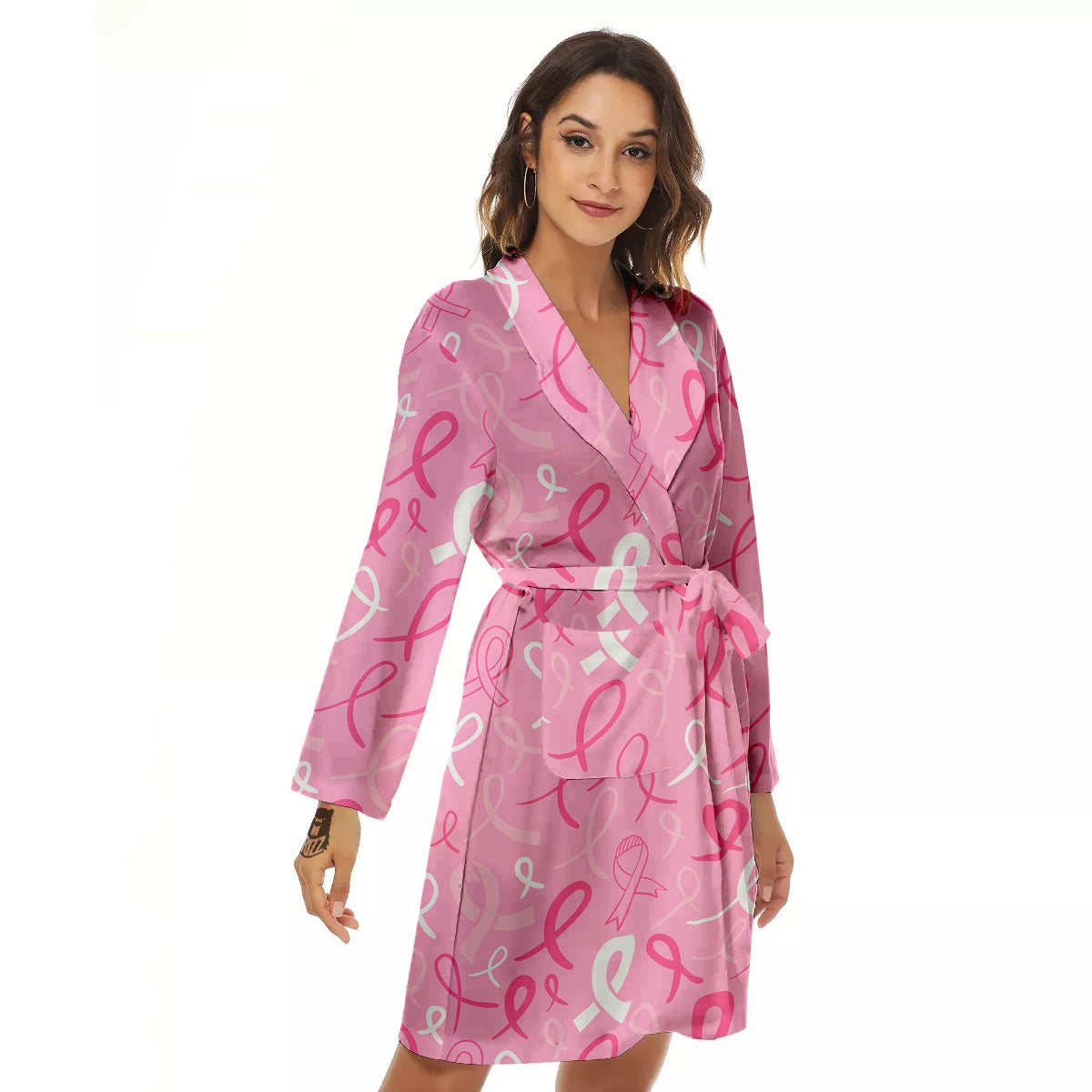 Breast Cancer Ribbon Pink Print Pattern Women's Robe-grizzshop