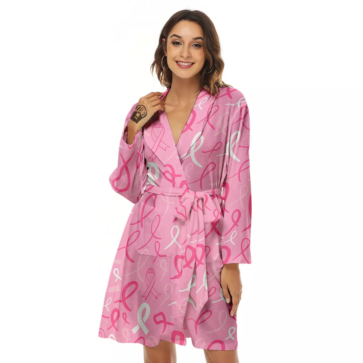 Breast Cancer Ribbon Pink Print Pattern Women's Robe-grizzshop