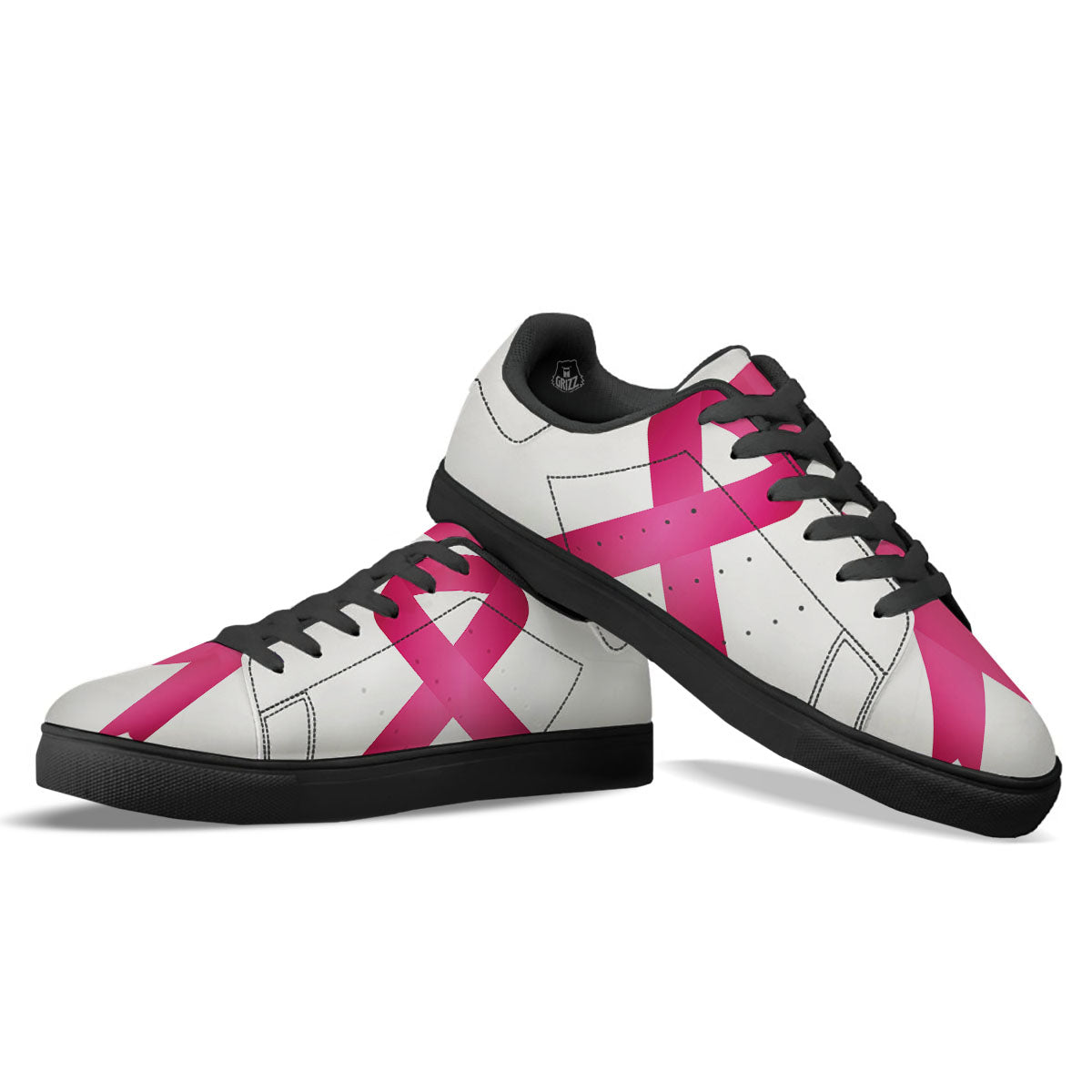 Breast Cancer White And Pink Print Black Low Top Sneakers-grizzshop