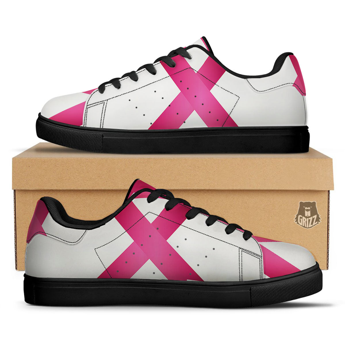 Breast Cancer White And Pink Print Black Low Top Sneakers-grizzshop