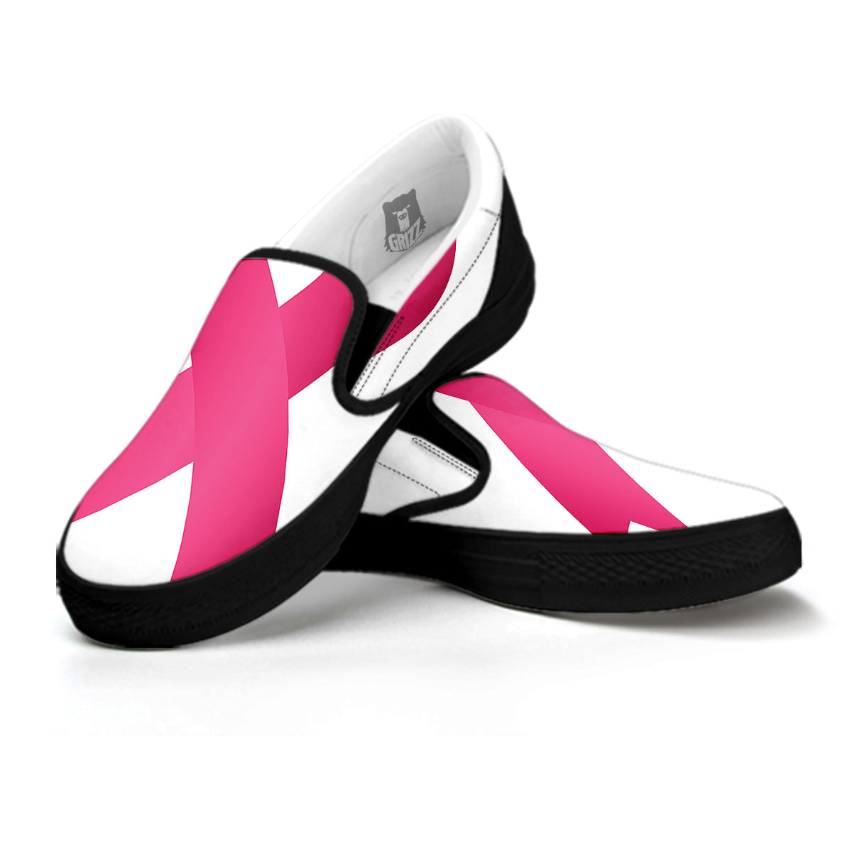 Breast Cancer White And Pink Print Black Slip On Shoes-grizzshop