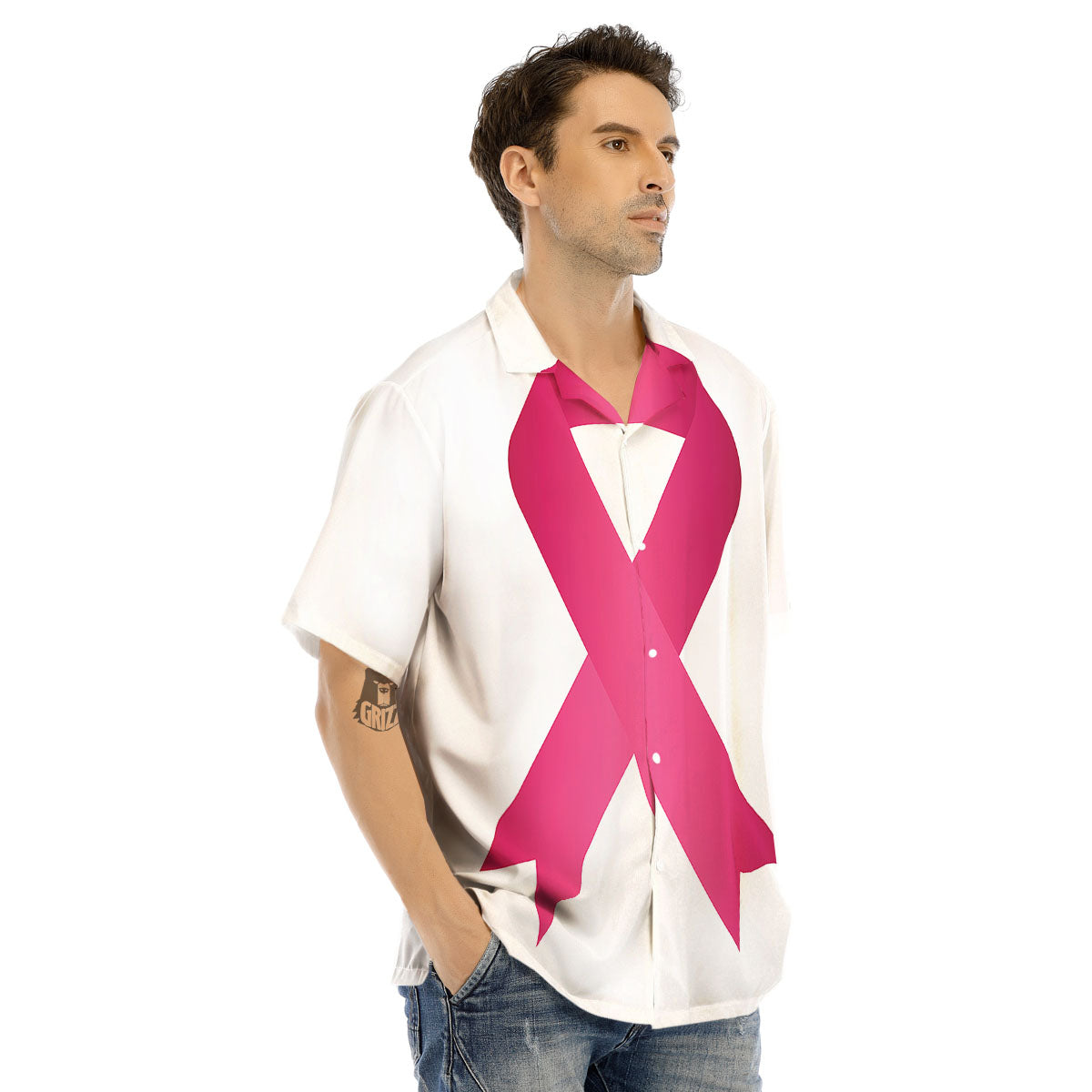 Breast Cancer White And Pink Print Men's Hawaiian Shirt-grizzshop
