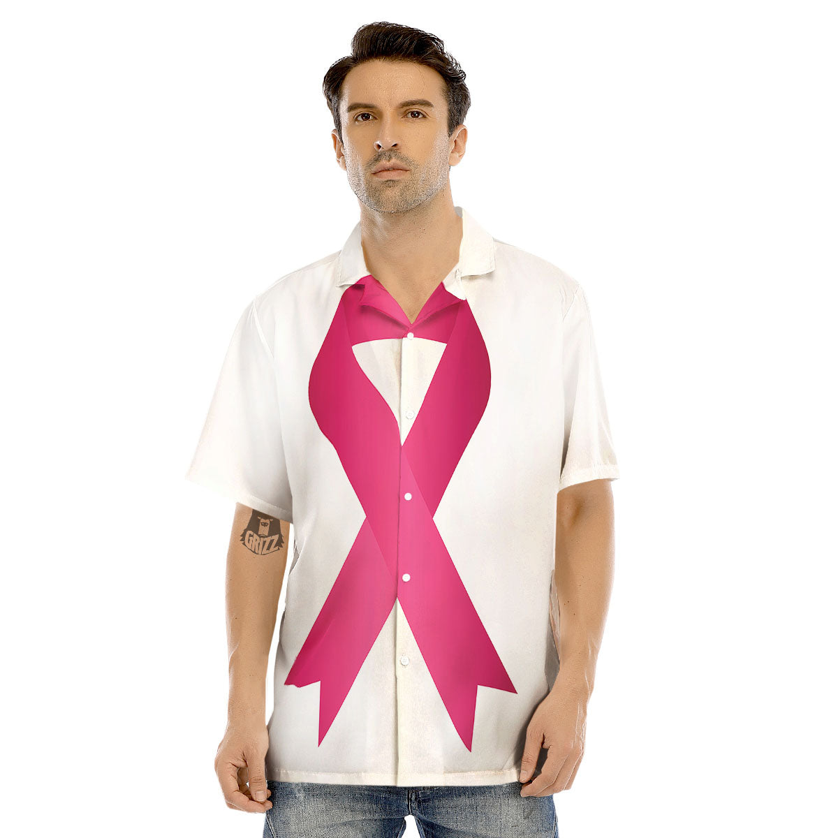 Breast Cancer White And Pink Print Men's Hawaiian Shirt-grizzshop