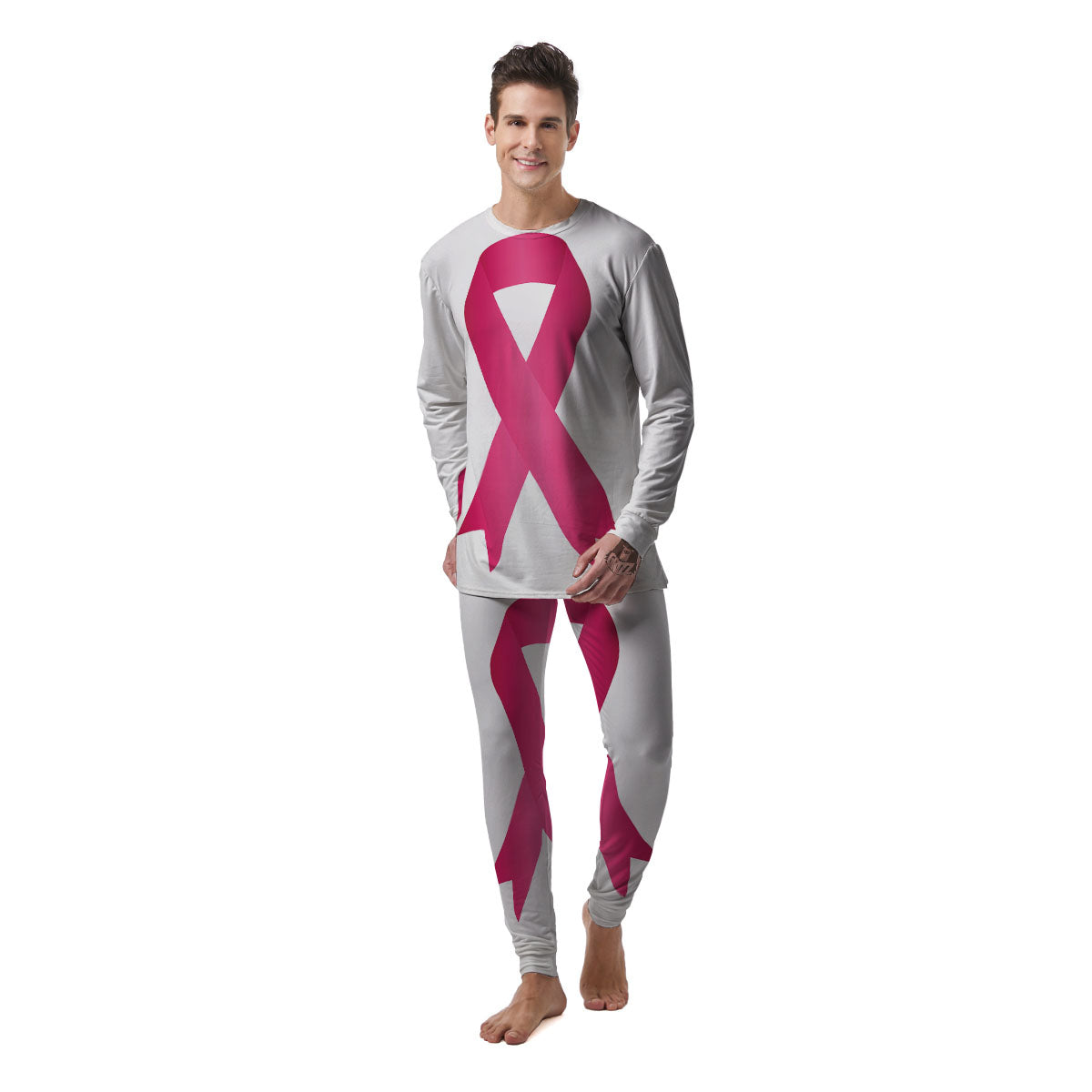 Breast Cancer White And Pink Print Men's Pajamas-grizzshop