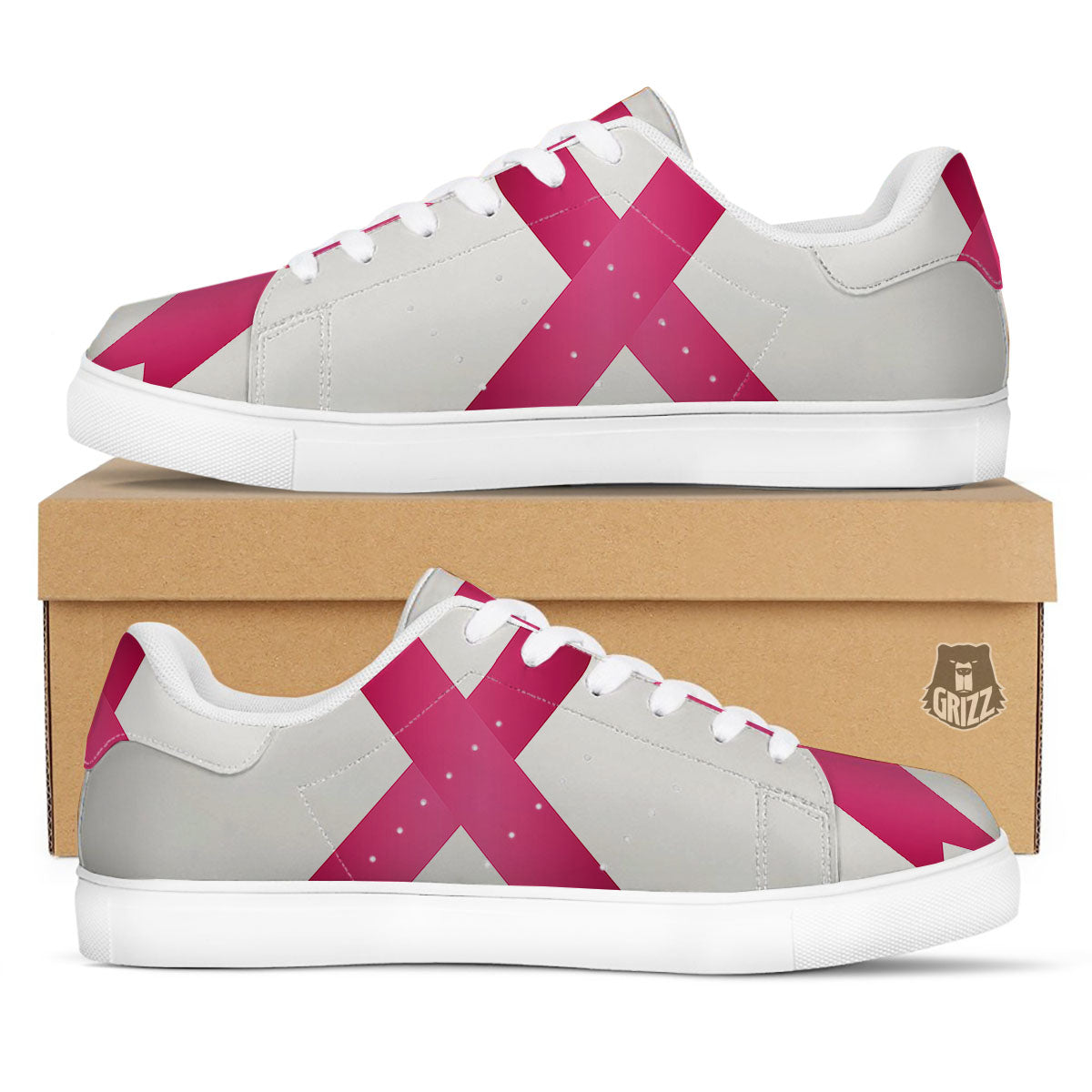 Breast Cancer White And Pink Print White Low Top Sneakers-grizzshop