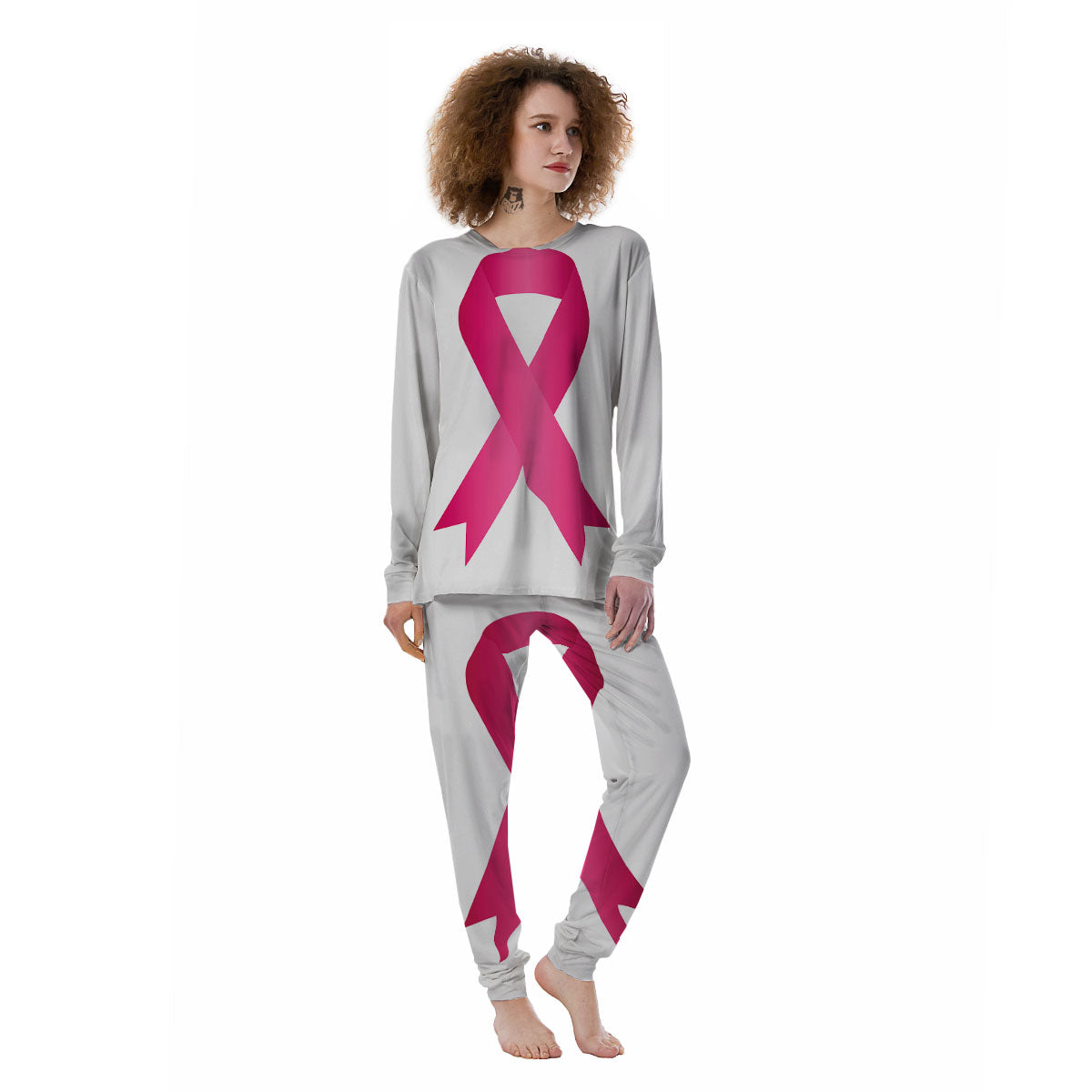 Breast Cancer White And Pink Print Women's Pajamas-grizzshop