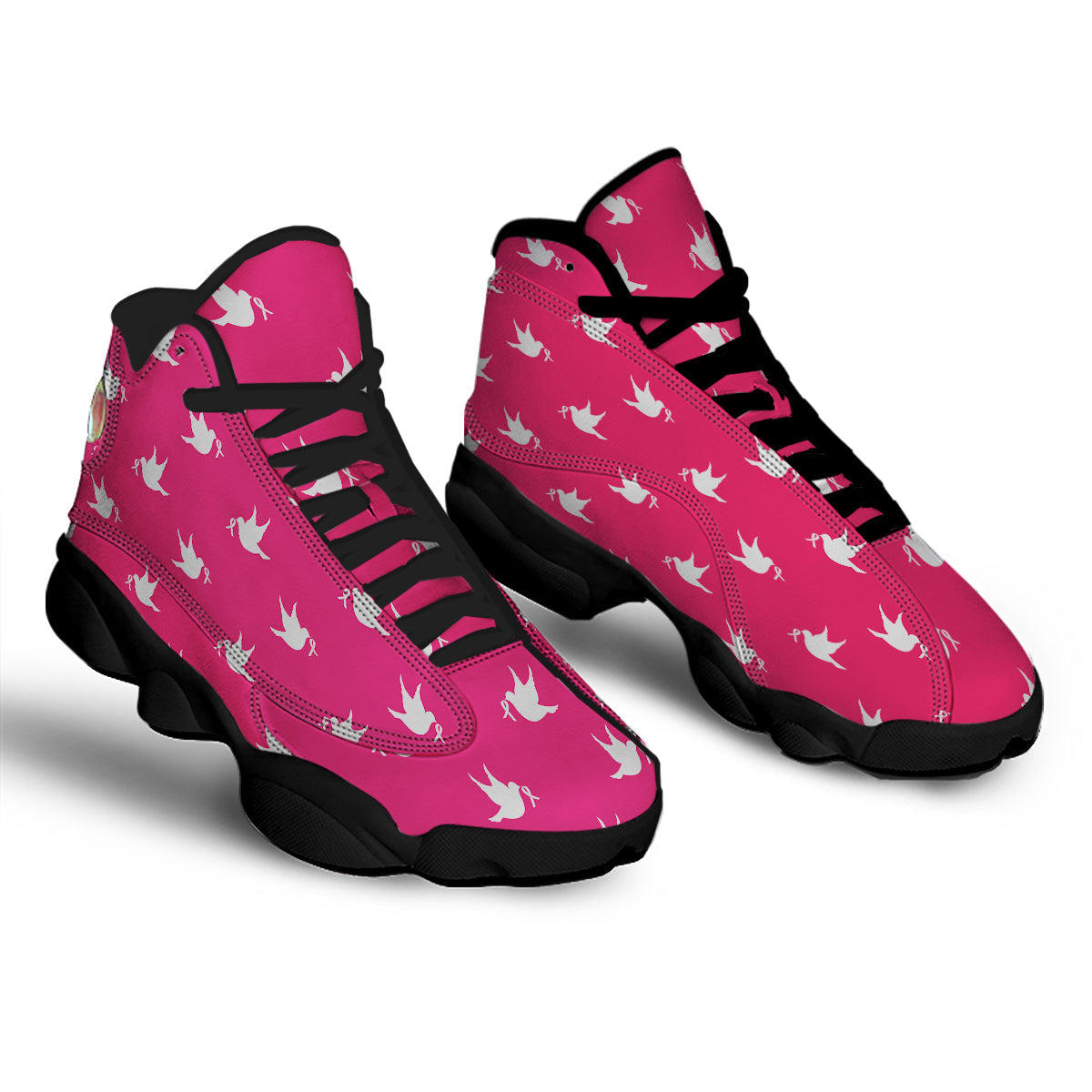 Breast Cancer White Dove Print Pattern Black Basketball Shoes-grizzshop