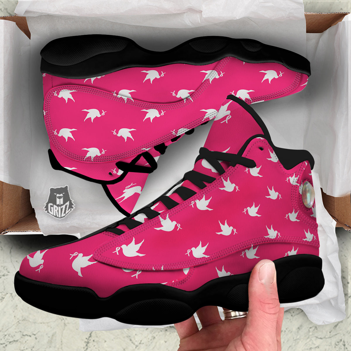 Breast Cancer White Dove Print Pattern Black Basketball Shoes-grizzshop