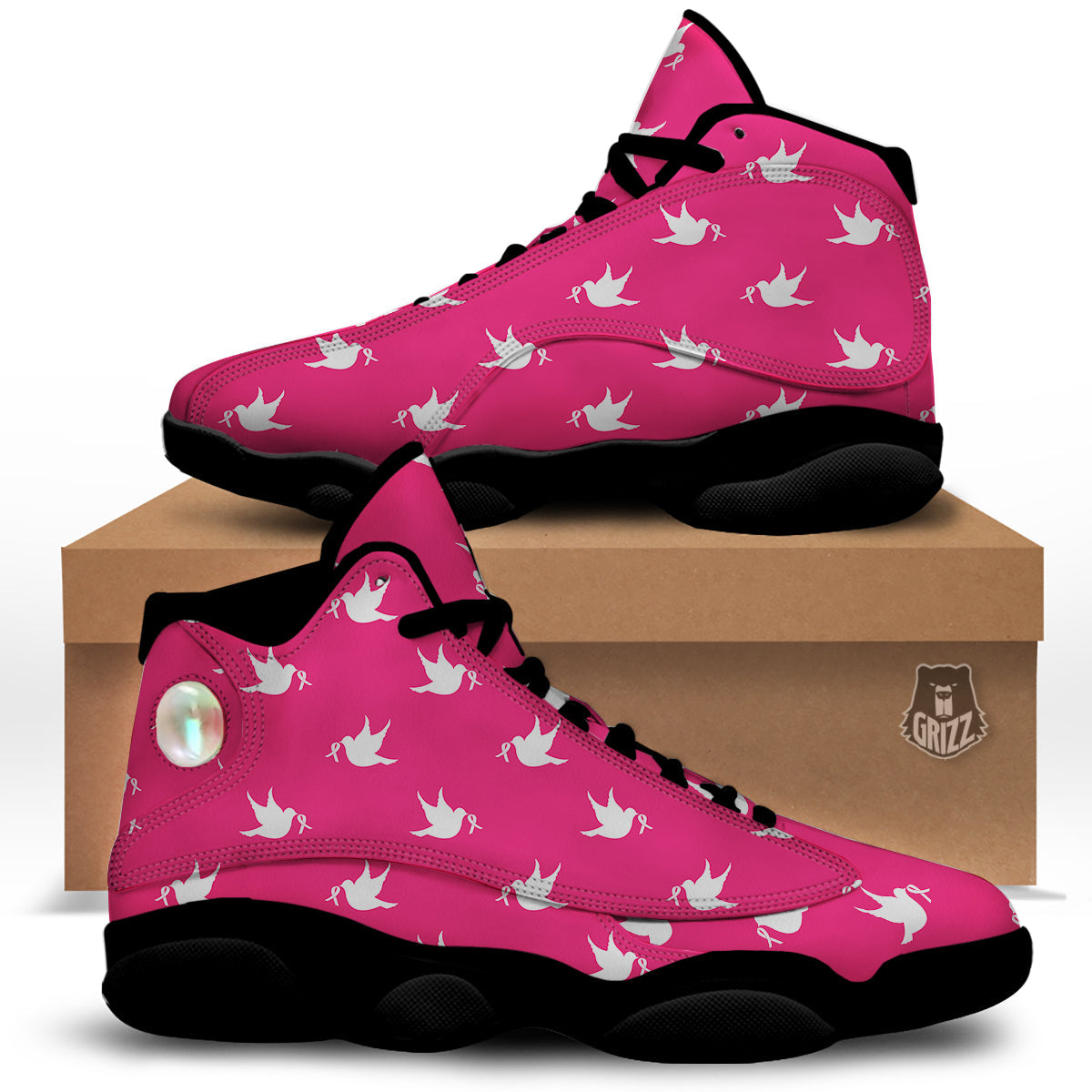 Breast Cancer White Dove Print Pattern Black Basketball Shoes-grizzshop