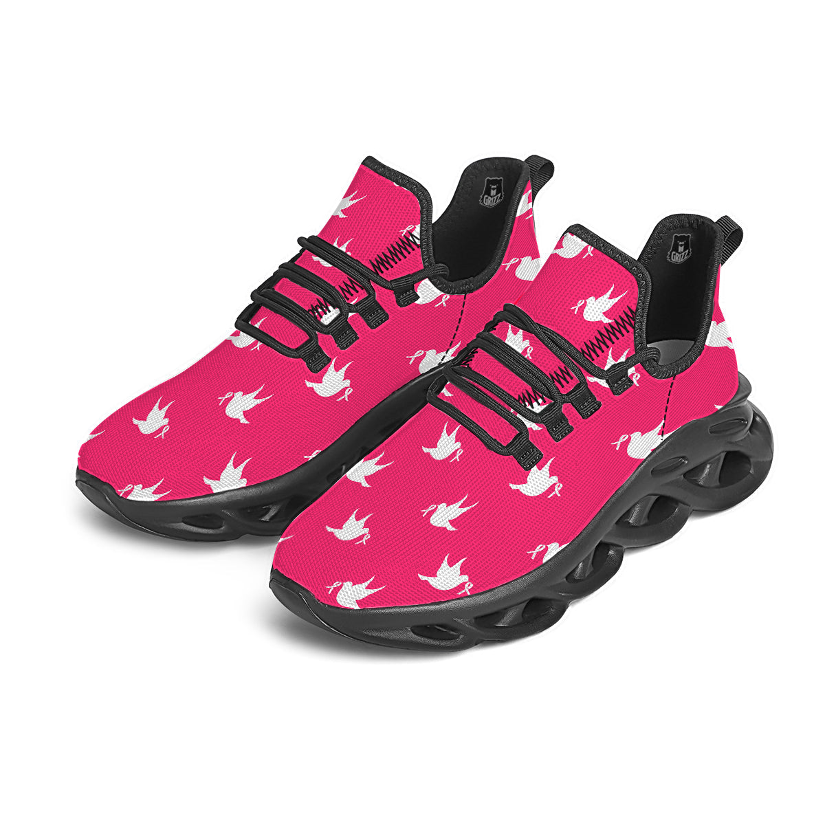 Breast Cancer White Dove Print Pattern Black Running Shoes-grizzshop