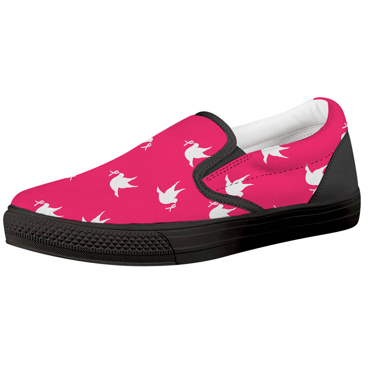 Breast Cancer White Dove Print Pattern Black Slip On Shoes-grizzshop
