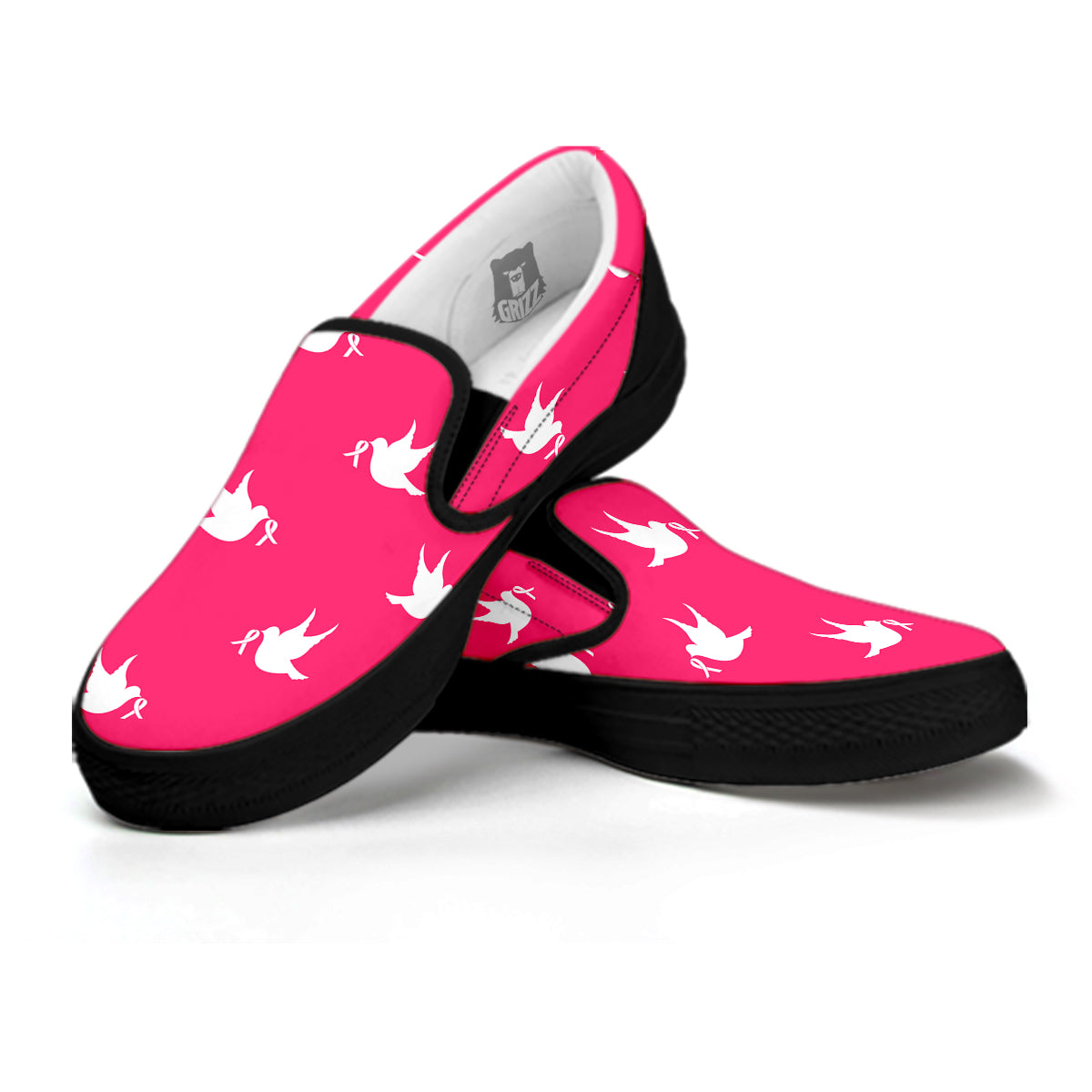 Breast Cancer White Dove Print Pattern Black Slip On Shoes-grizzshop