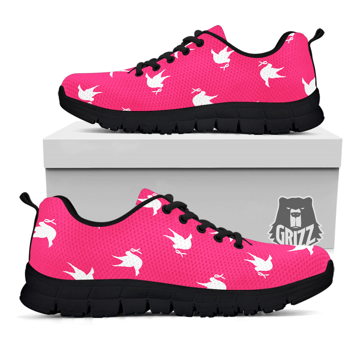 Breast Cancer White Dove Print Pattern Black Sneaker-grizzshop