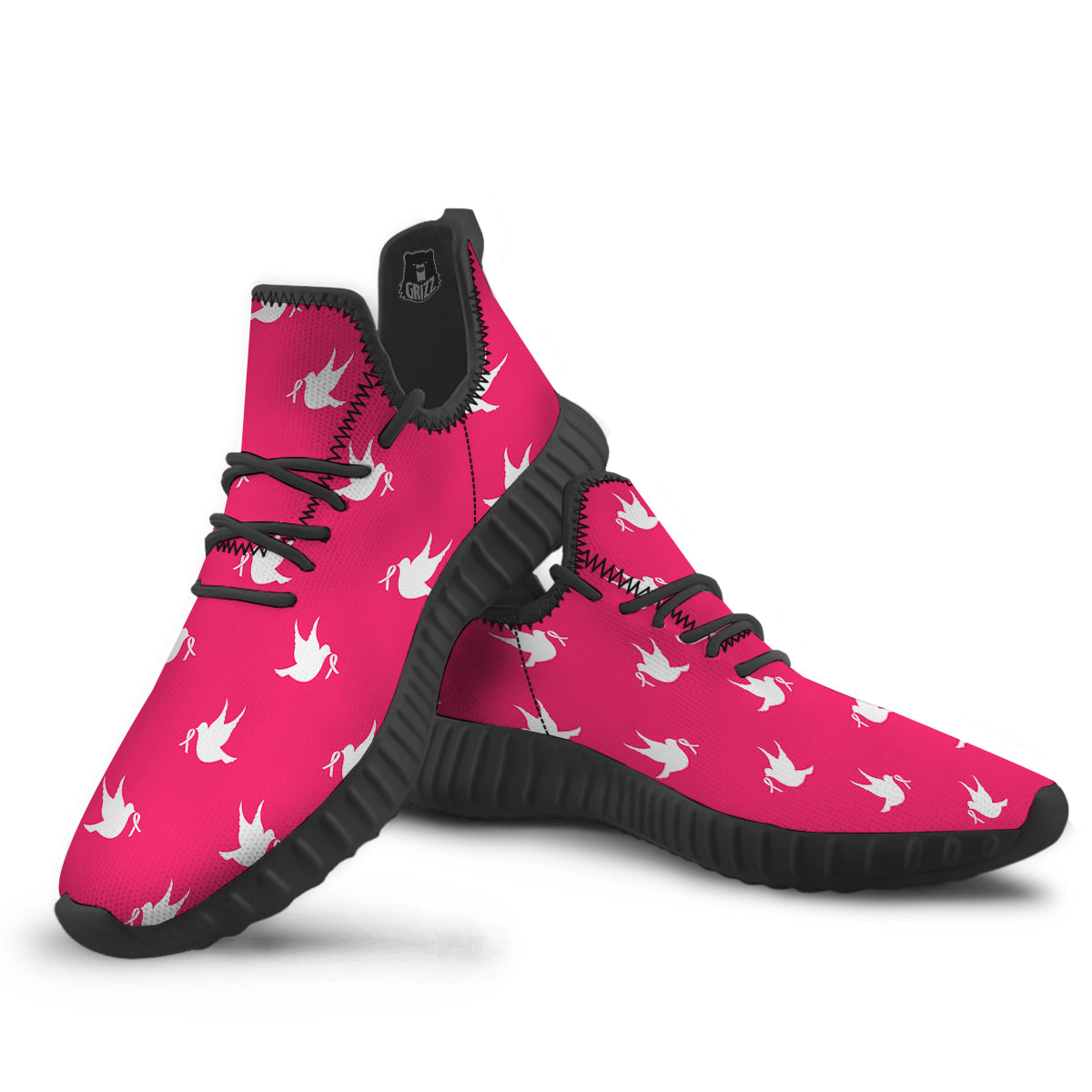 Breast Cancer White Dove Print Pattern Black Walking Shoes-grizzshop