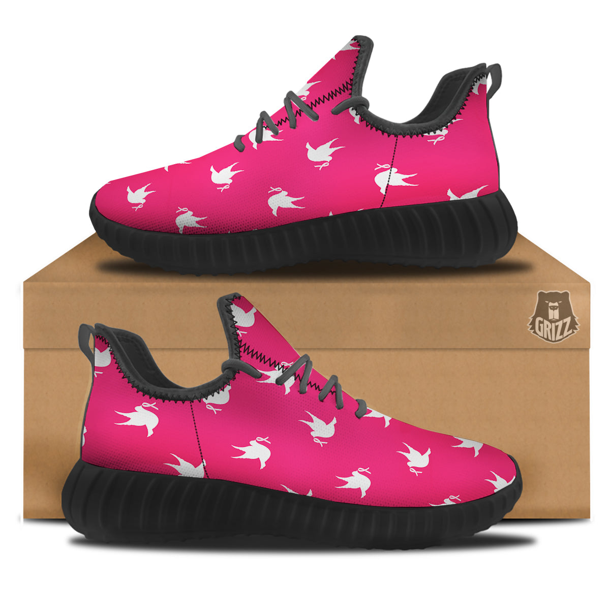 Breast Cancer White Dove Print Pattern Black Walking Shoes-grizzshop