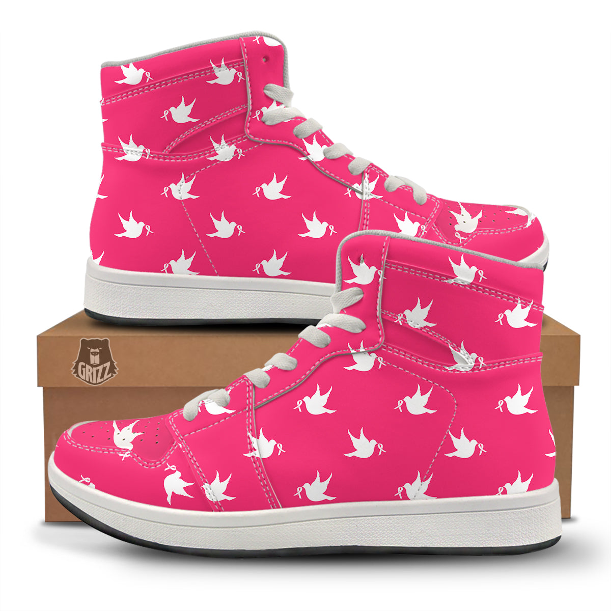 Breast Cancer White Dove Print Pattern High Top Sneakers-grizzshop