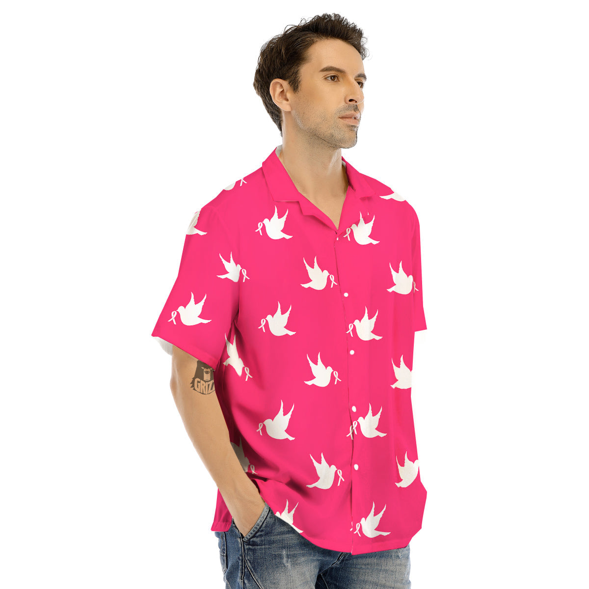 Breast Cancer White Dove Print Pattern Men's Hawaiian Shirt-grizzshop