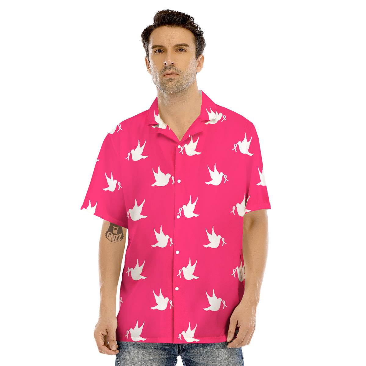 Breast Cancer White Dove Print Pattern Men's Hawaiian Shirt-grizzshop