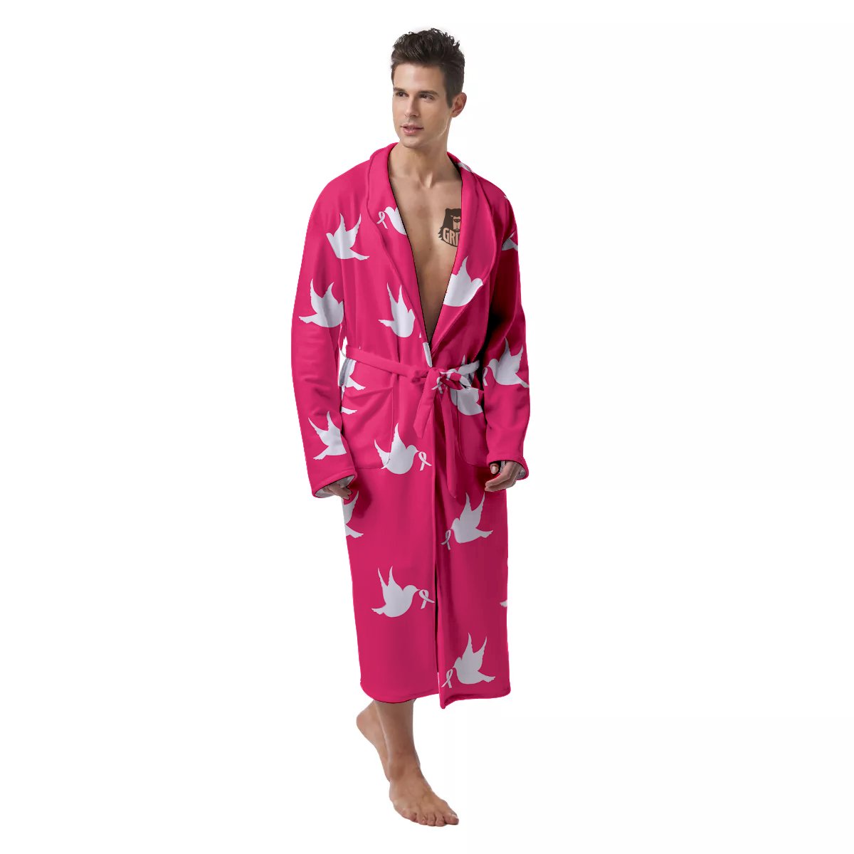 Breast Cancer White Dove Print Pattern Men's Robe-grizzshop