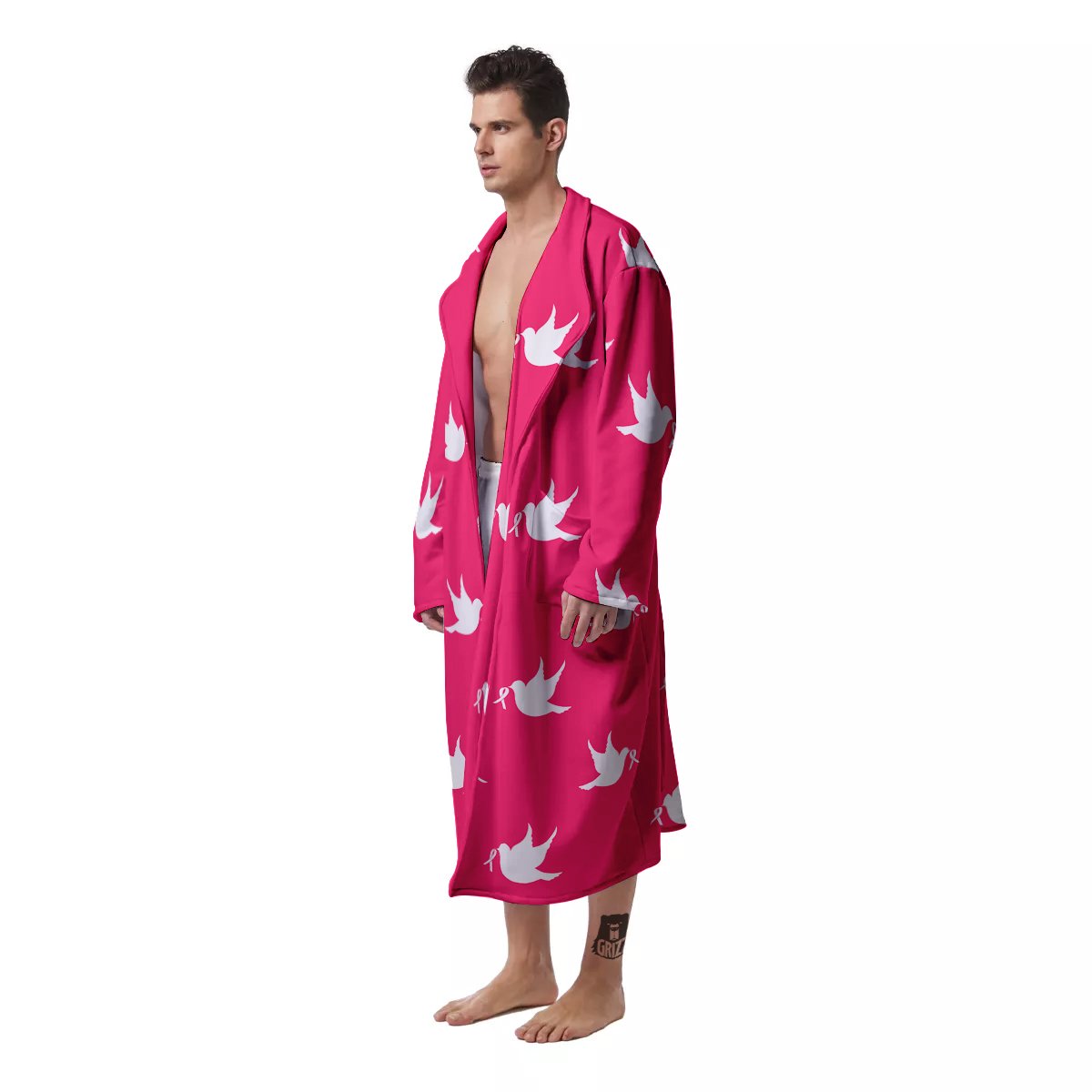 Breast Cancer White Dove Print Pattern Men's Robe-grizzshop