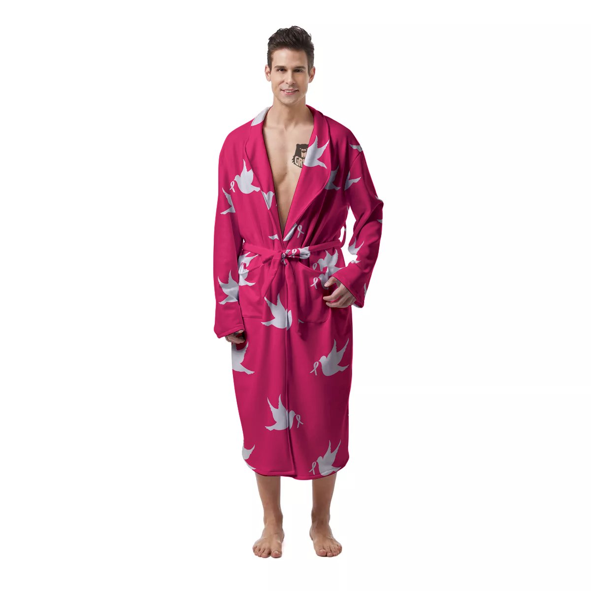 Breast Cancer White Dove Print Pattern Men's Robe-grizzshop