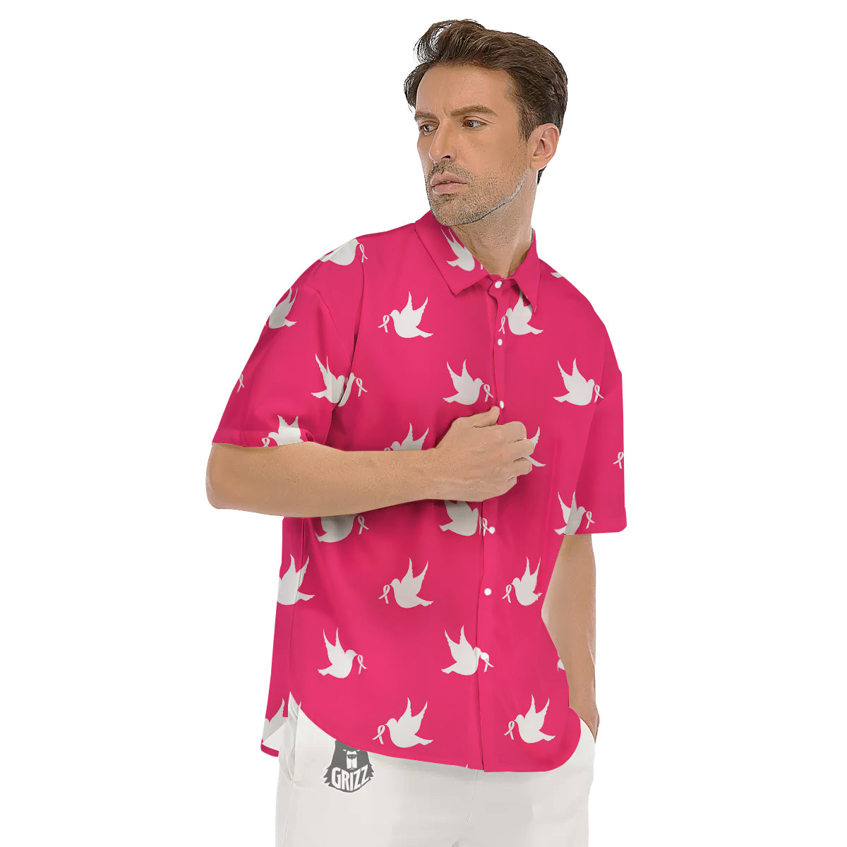 Breast Cancer White Dove Print Pattern Men's Short Sleeve Shirts-grizzshop