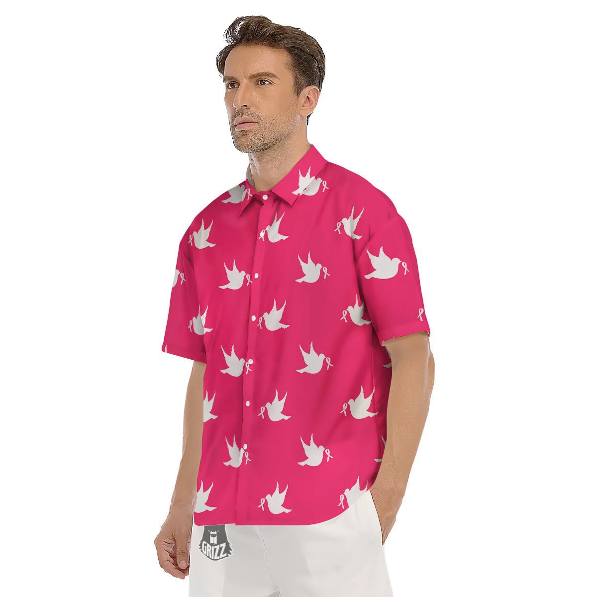 Breast Cancer White Dove Print Pattern Men's Short Sleeve Shirts-grizzshop