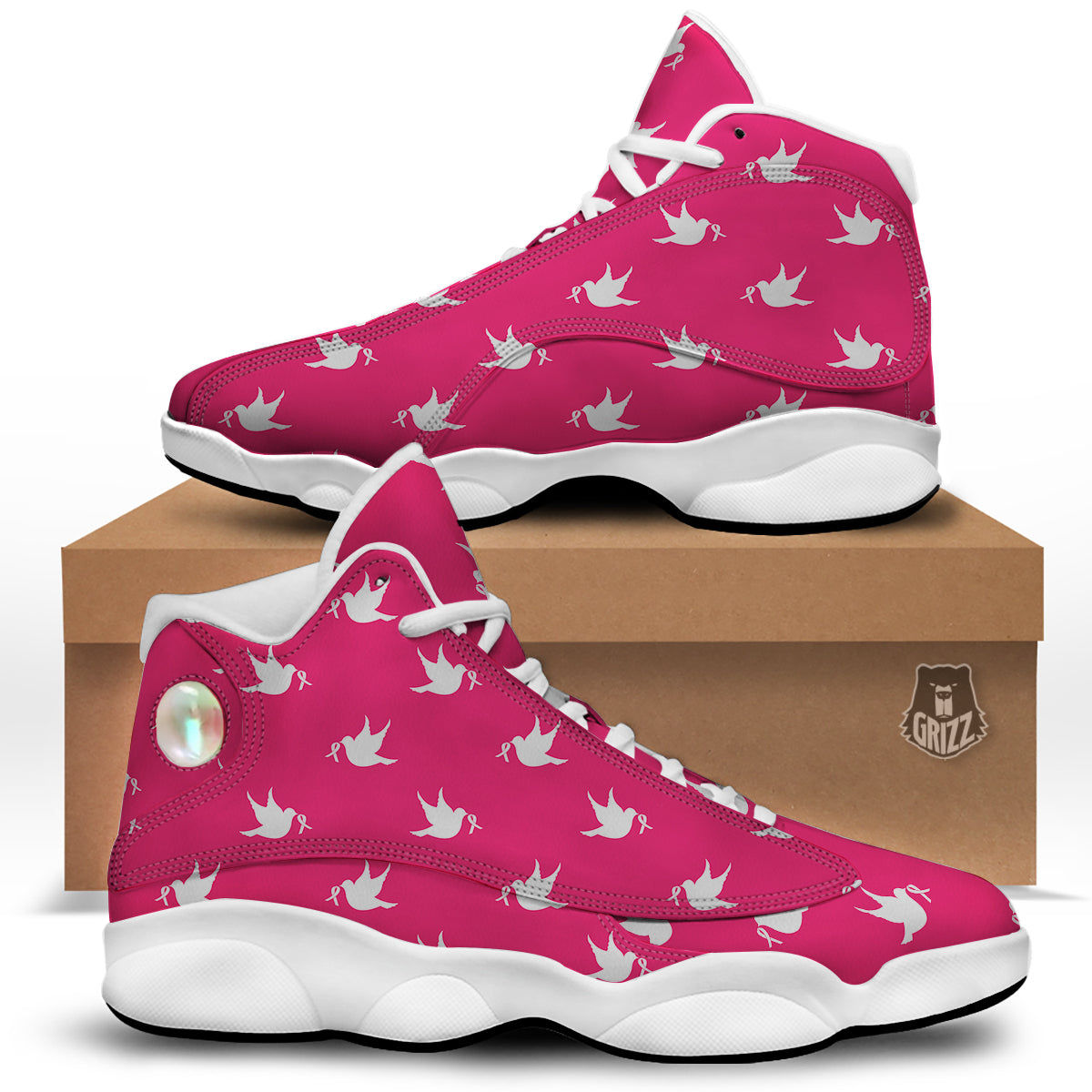 Breast Cancer White Dove Print Pattern White Basketball Shoes-grizzshop