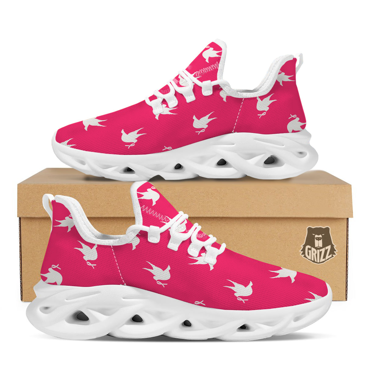 Breast Cancer White Dove Print Pattern White Running Shoes-grizzshop