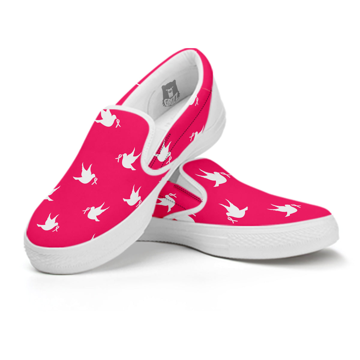 Breast Cancer White Dove Print Pattern White Slip On Shoes-grizzshop
