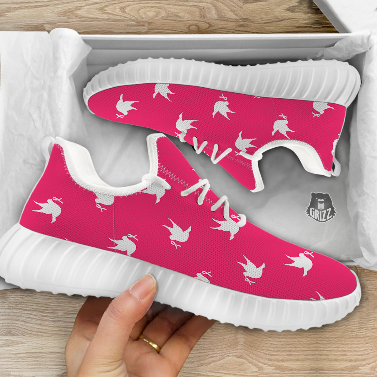 Breast Cancer White Dove Print Pattern White Walking Shoes-grizzshop