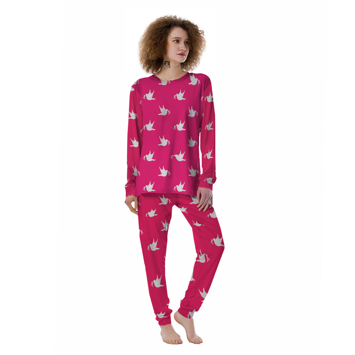 Breast Cancer White Dove Print Pattern Women's Pajamas-grizzshop