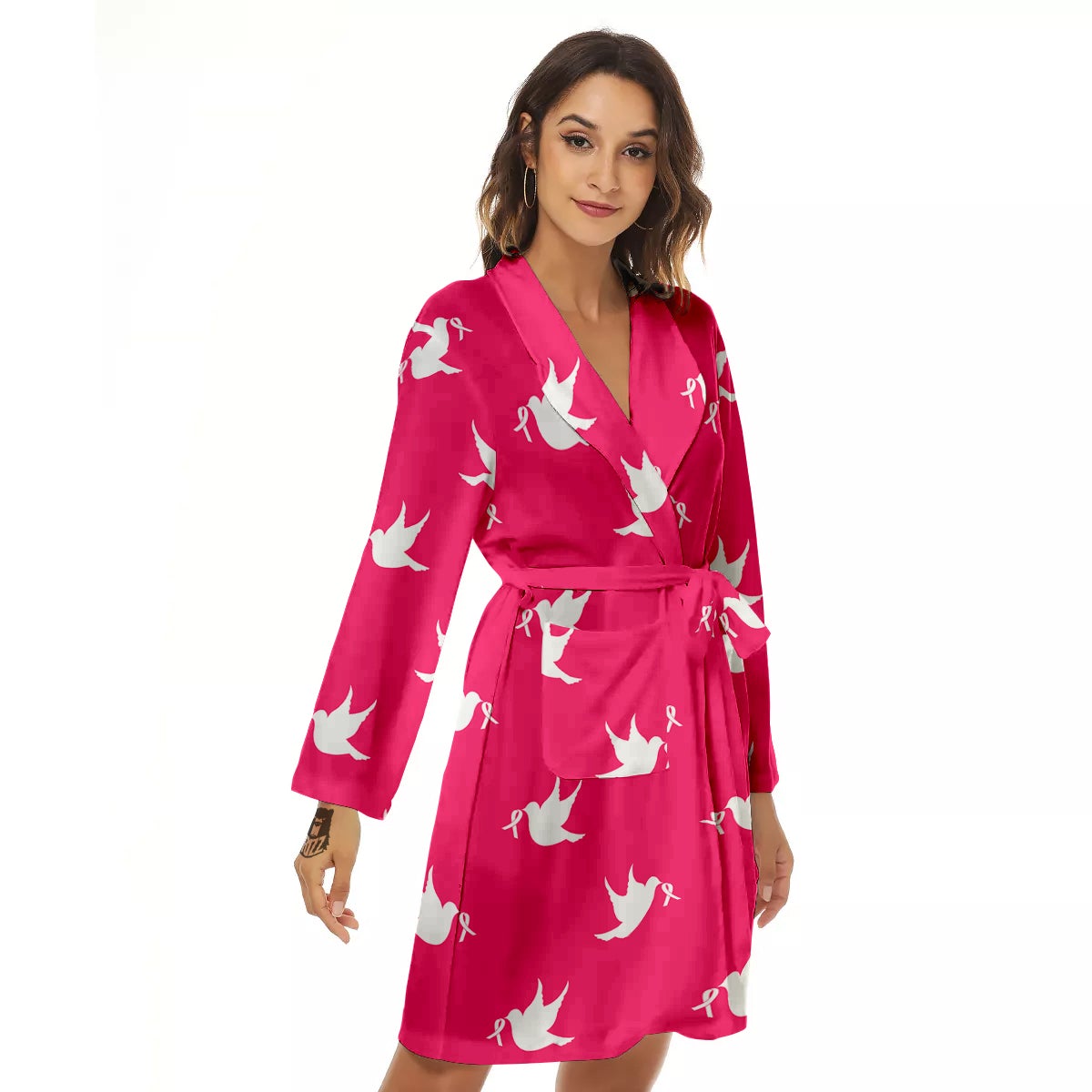 Breast Cancer White Dove Print Pattern Women's Robe-grizzshop