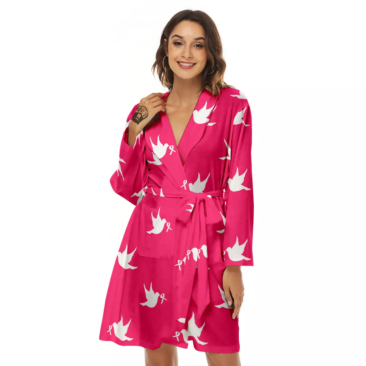 Breast Cancer White Dove Print Pattern Women's Robe-grizzshop