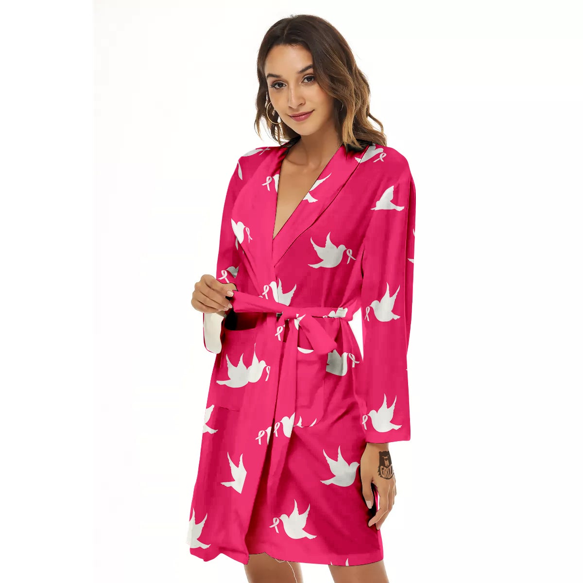 Breast Cancer White Dove Print Pattern Women's Robe-grizzshop
