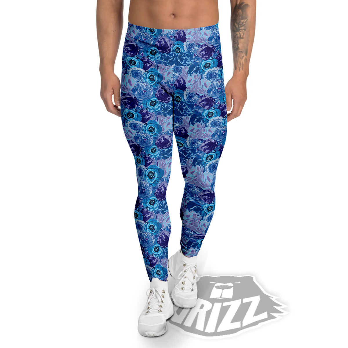 Bright Blue Rose Print Men's Leggings-grizzshop