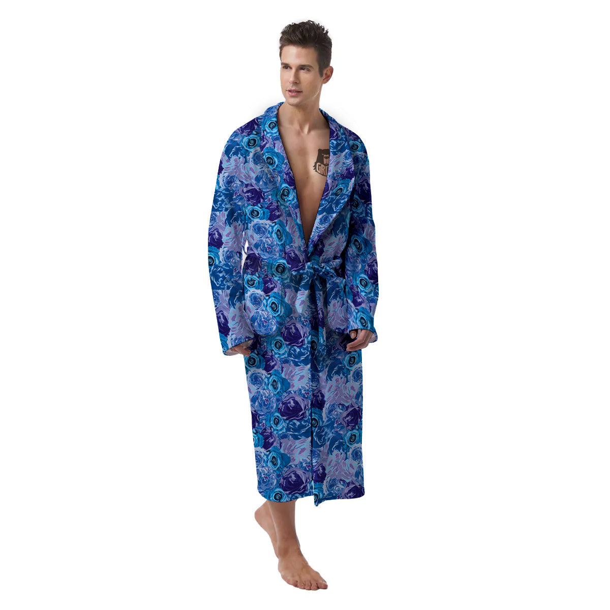 Bright Blue Rose Print Men's Robe-grizzshop