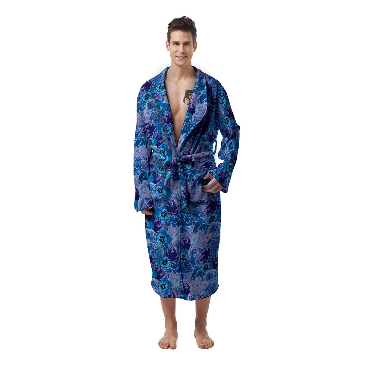 Bright Blue Rose Print Men's Robe-grizzshop